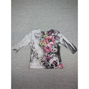 Jess &‎ Jane Ruffle Top Small Floral Swirls Stretch Top 3/4 Sleeve USA Artsy